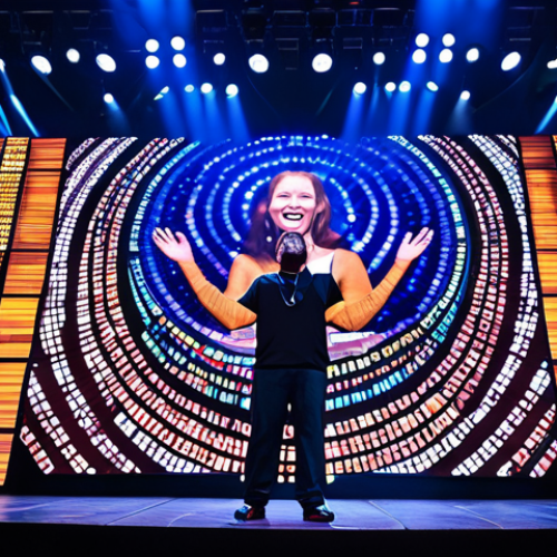 Home 9 Technology Integration**
"A grand stage bathed in vibrant LED light, displaying dynamic visuals and song lyrics, captivating a large audience, fully clothed, appropriate attire, safe for work, professional concert photography, perfect anatomy, natural proportions, family-friendly."
**