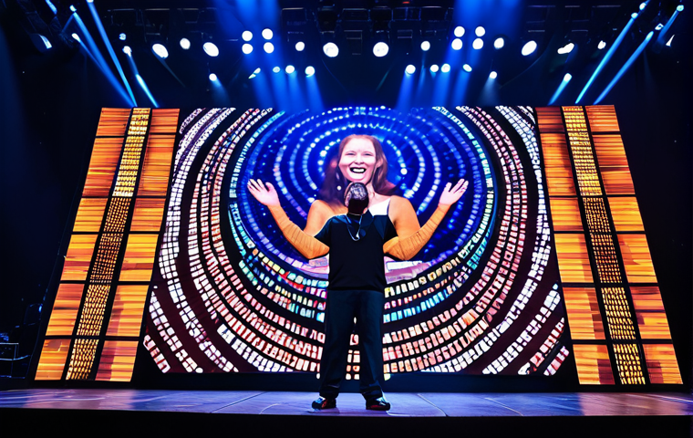 Technology Integration**
"A grand stage bathed in vibrant LED light, displaying dynamic visuals and song lyrics, captivating a large audience, fully clothed, appropriate attire, safe for work, professional concert photography, perfect anatomy, natural proportions, family-friendly."
**