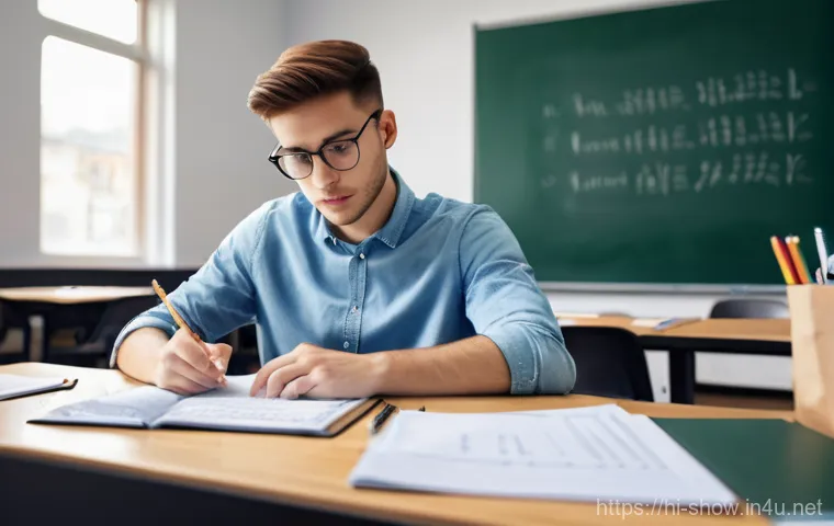 공연기획 실기 시험 준비 팁 - **Prompt:** A focused young adult, possibly a university student, seated at a tidy desk in a well-li...