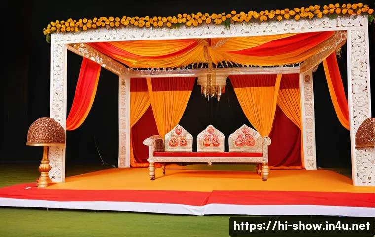 공연기획사 직무별 역할과 책임 - A vibrant cultural event stage setup with traditional Indian motifs and colorful decorations reflect...