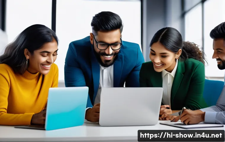 공연기획사에서의 인재상 - A vibrant event planning team brainstorming session in a modern office, featuring diverse profession...