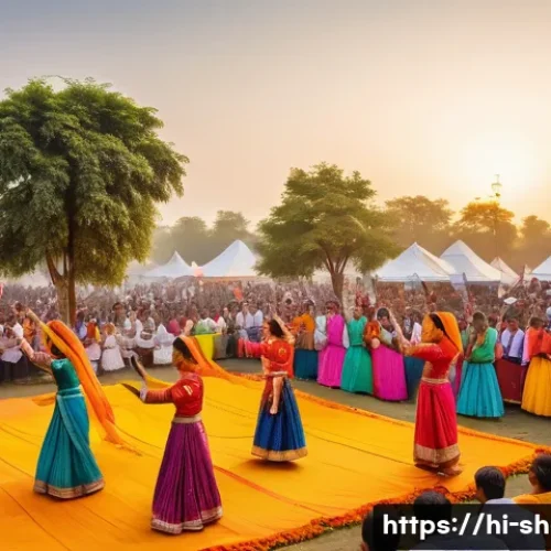 공연기획사와 지역 사회와의 협력 사례 - A vibrant local cultural festival scene in a small Indian town, showcasing a diverse group of artist...
