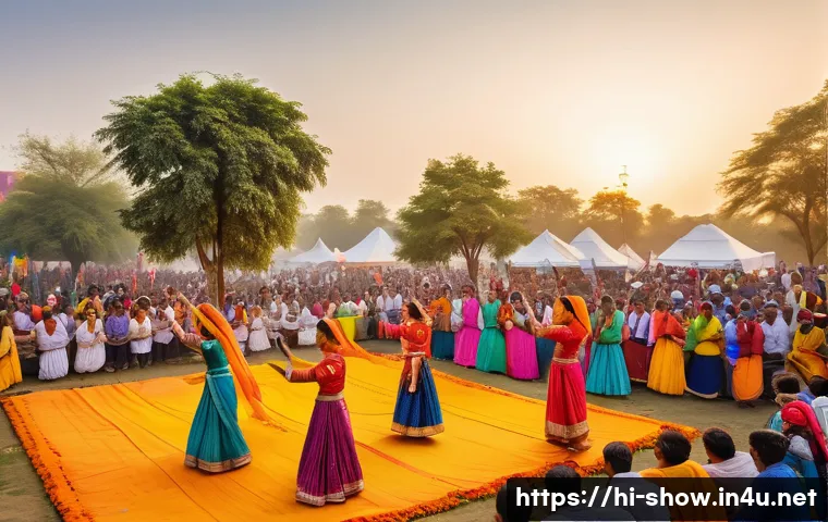 공연기획사와 지역 사회와의 협력 사례 - A vibrant local cultural festival scene in a small Indian town, showcasing a diverse group of artist...
