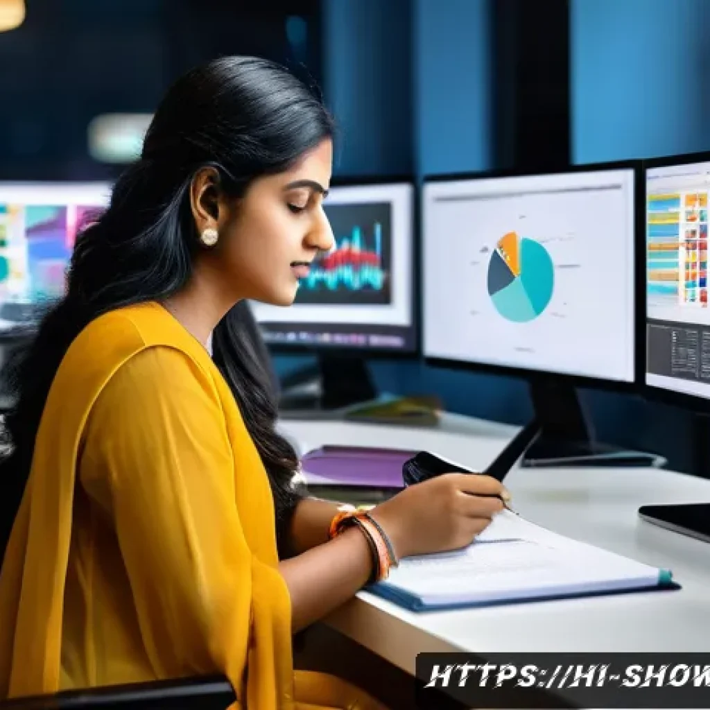 공연기획사 자격증 시험 과목 분석 - An Indian professional woman studying digital marketing concepts at a modern workspace, surrounded b...