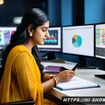 공연기획사 자격증 시험 과목 분석 - An Indian professional woman studying digital marketing concepts at a modern workspace, surrounded b...