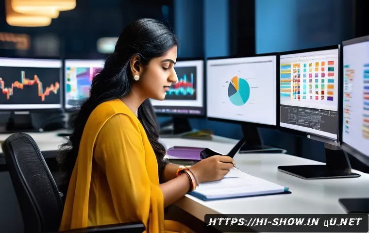 공연기획사 자격증 시험 과목 분석 - An Indian professional woman studying digital marketing concepts at a modern workspace, surrounded b...