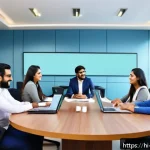 공연기획사에서의 직업 윤리 - A professional digital marketing agency office scene with a diverse Hindi-speaking team engaged in o...