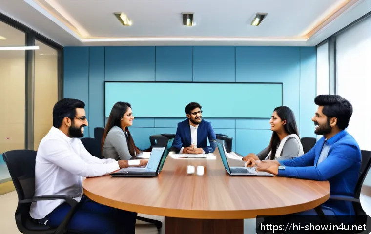 공연기획사에서의 직업 윤리 - A professional digital marketing agency office scene with a diverse Hindi-speaking team engaged in o...