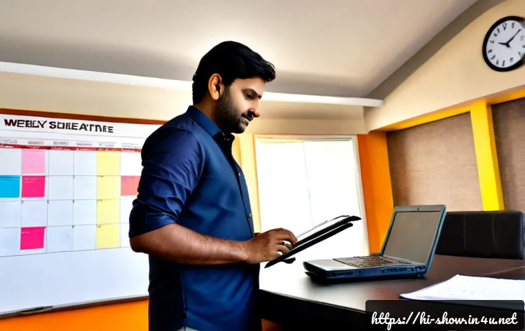 공연기획사에서 배우는 시간 관리법 - Photorealistic Indian event planner in a bright modern production office, calmly organizing a color-...